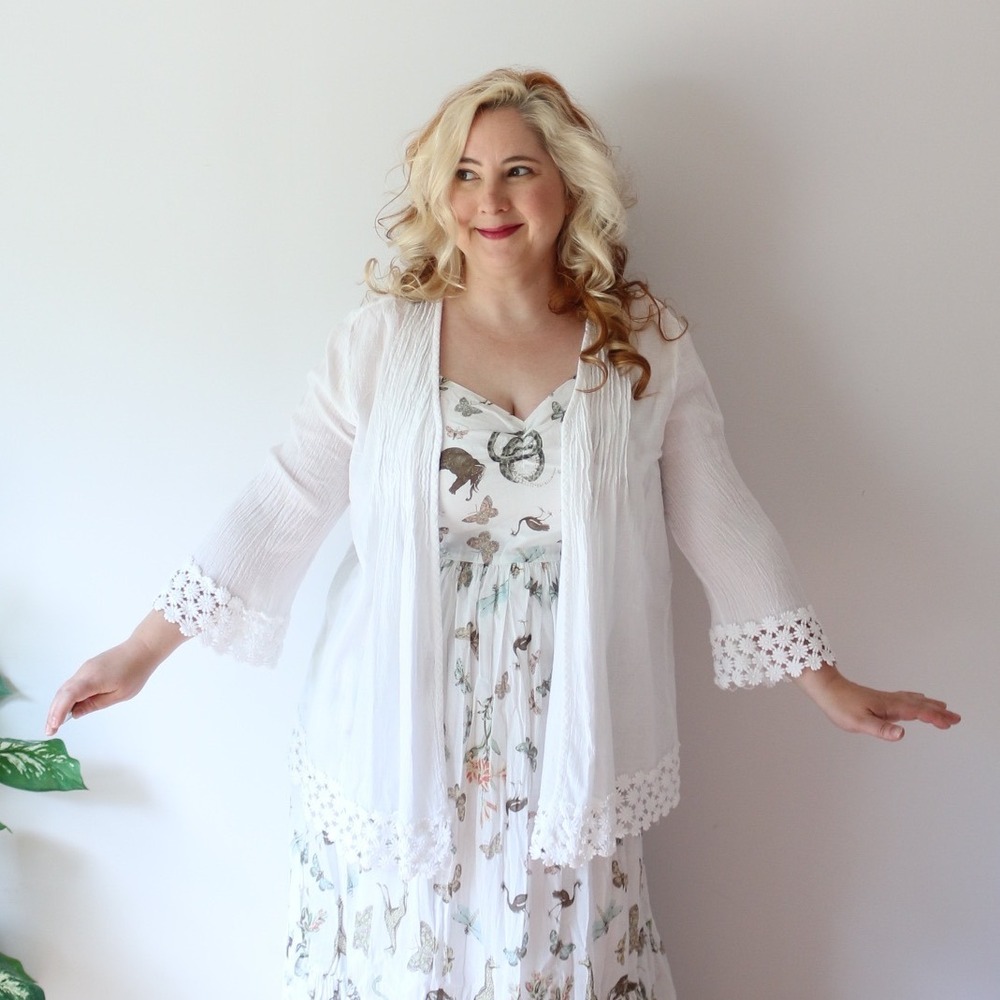 NorthStyle Kimono Cardigan White Crochet Lace Trim Pintuck Cotton Open Front XL